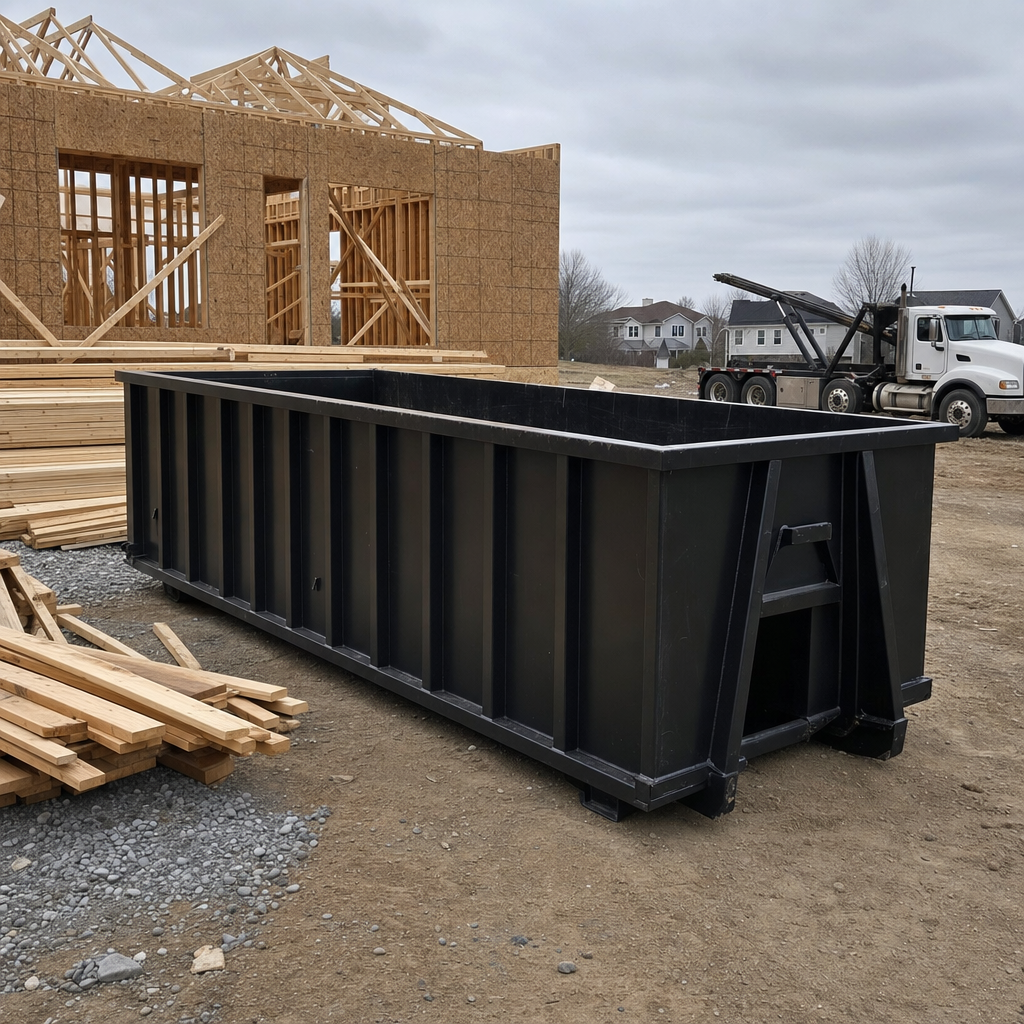 Matte-black 40-yard roll-off dumpster staged on a framed-out residential construction site in Saint George, framing lumber stacked nearby, hooklift delivery truck visible in the background under bright Colorado daylight