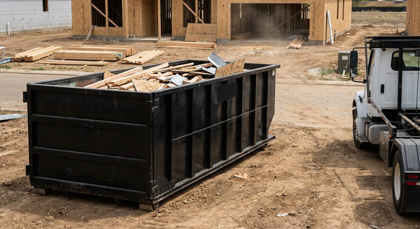 Matte-black 20-yard roll-off construction dumpster with heavy ribbed steel sidewalls and swing rear doors at a working jobsite in Saint George, sitting directly on compacted dirt with an unmarked white hauler partially visible at the far edge of the frame.
