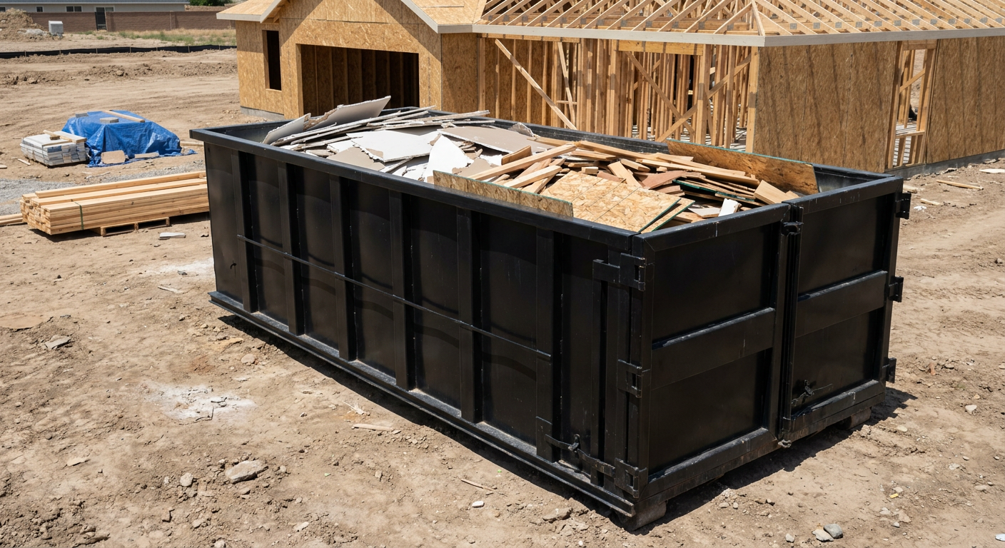 Matte-black 30-yard roll-off construction dumpster sitting directly on the compacted-dirt site of a framed single-family home build in Saint George, drywall and lumber scrap loaded inside.