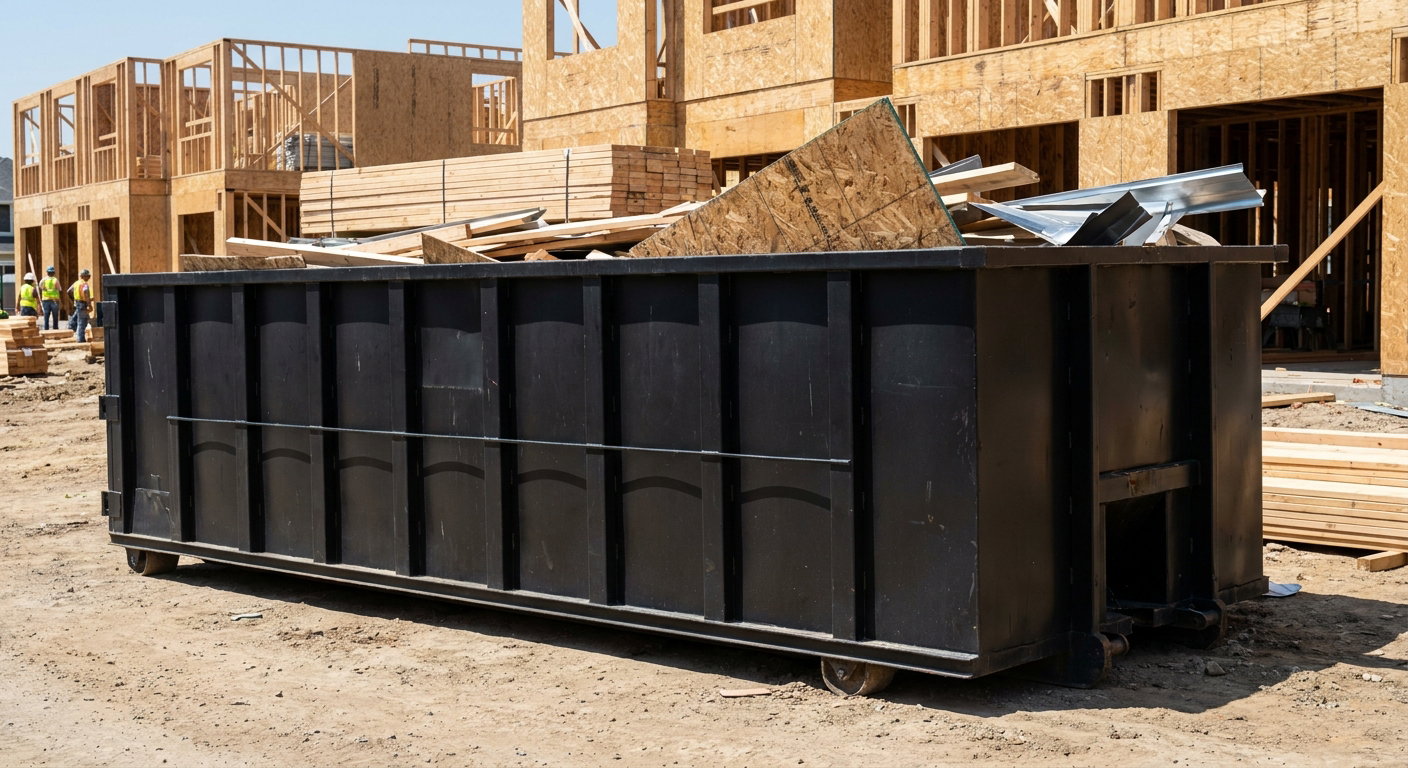 Matte-black 40-yard roll-off construction dumpster being lowered from a white-cab hooklift delivery truck onto the compacted-dirt jobsite at a commercial build site in Saint George