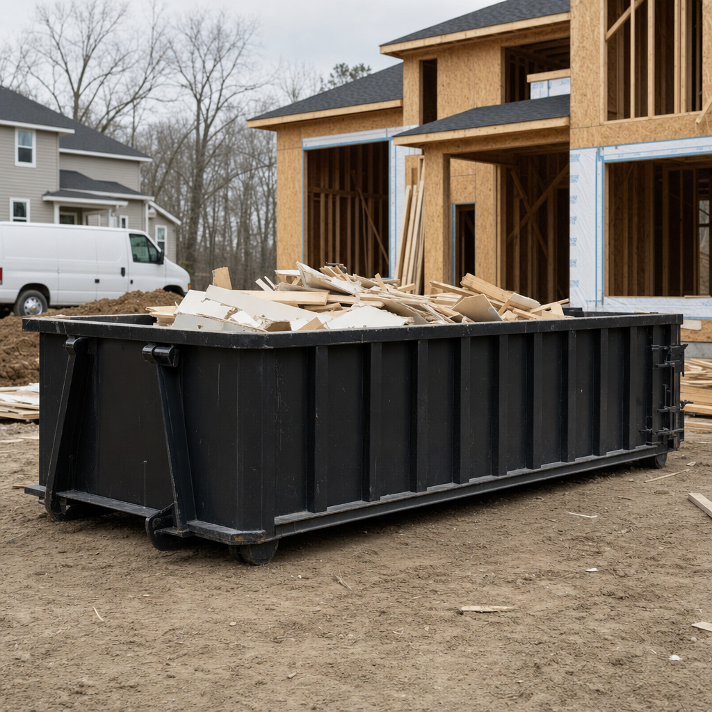 Worker in a yellow high-visibility vest tossing framing lumber and broken drywall into a matte-black 30-yard construction roll-off dumpster on an active build site in Saint George, bright daylight