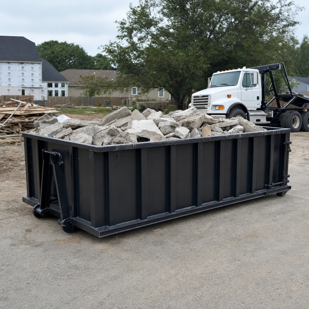 Low-profile matte-black lowboy roll-off dumpster loaded with broken concrete slab and rebar at a foundation tear-out in Saint George, skid steer parked beside it, sunny Colorado morning