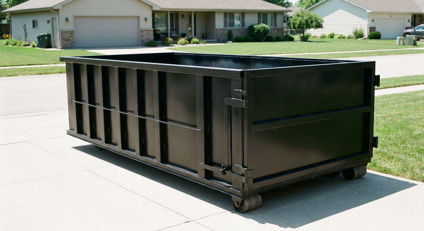 Matte-black 10-yard roll-off dumpster on a residential concrete driveway in Saint George, uniformly painted matte black across every panel and rail, ribbed steel sidewalls and rear swing door visible, mid-day daylight.