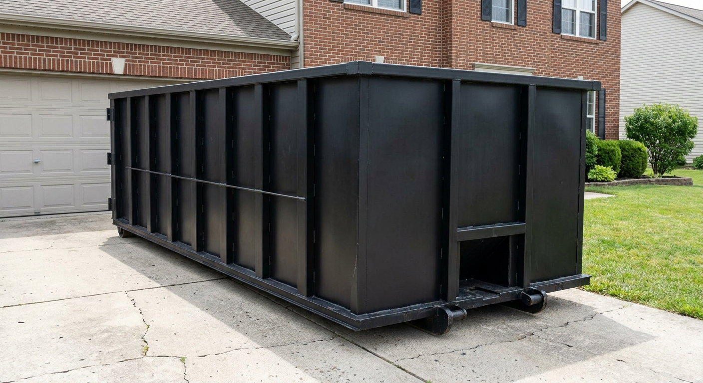 Matte-black 20-yard roll-off container on a Saint George residential concrete driveway with reinforced ribbed steel sidewalls and a hinged rear walk-in door, clean bright daylight.