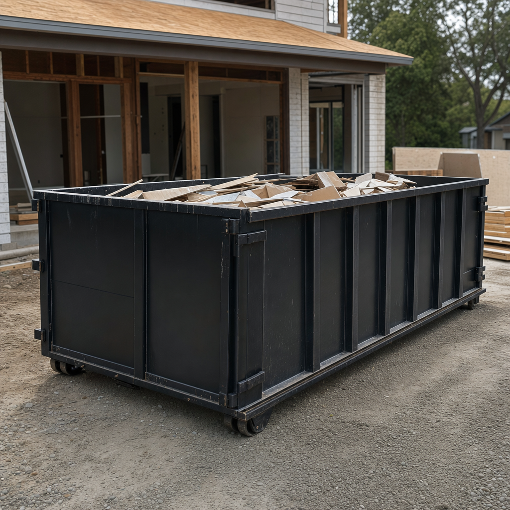 Large matte-black 30-yard construction roll-off dumpster at an active Saint George jobsite, steel-gray top rails and bottom rollers visible, loaded with construction debris.