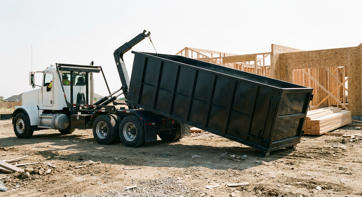 Matte-black roll-off dumpster being delivered onto a clean residential concrete driveway in Saint George by an unmarked white hooklift hauler truck, bright morning daylight, documentary 35mm perspective.