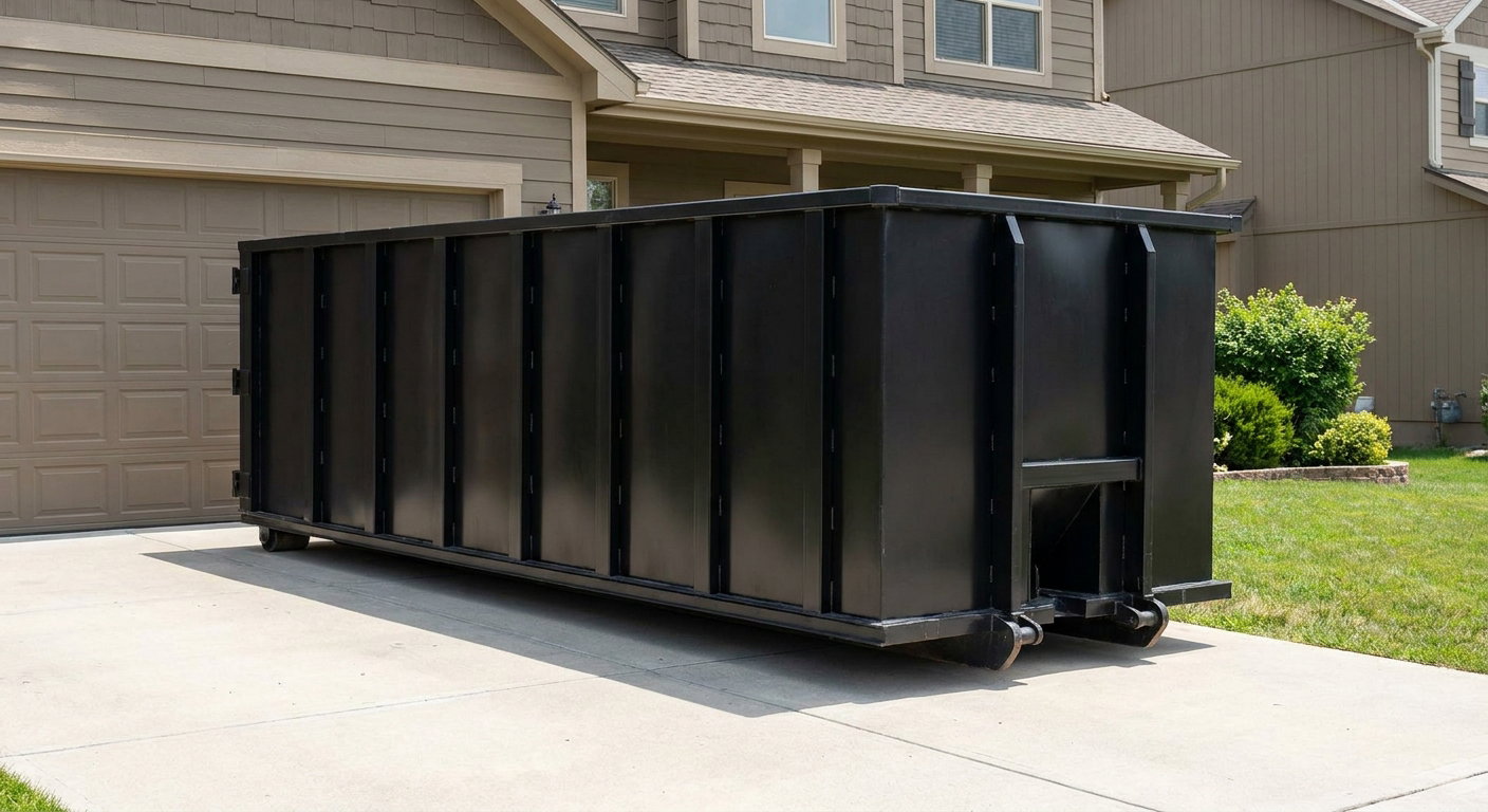 Matte-black residential roll-off dumpster sitting directly on a suburban Saint George concrete driveway, garage door closed, single-family home in background, bright morning daylight.