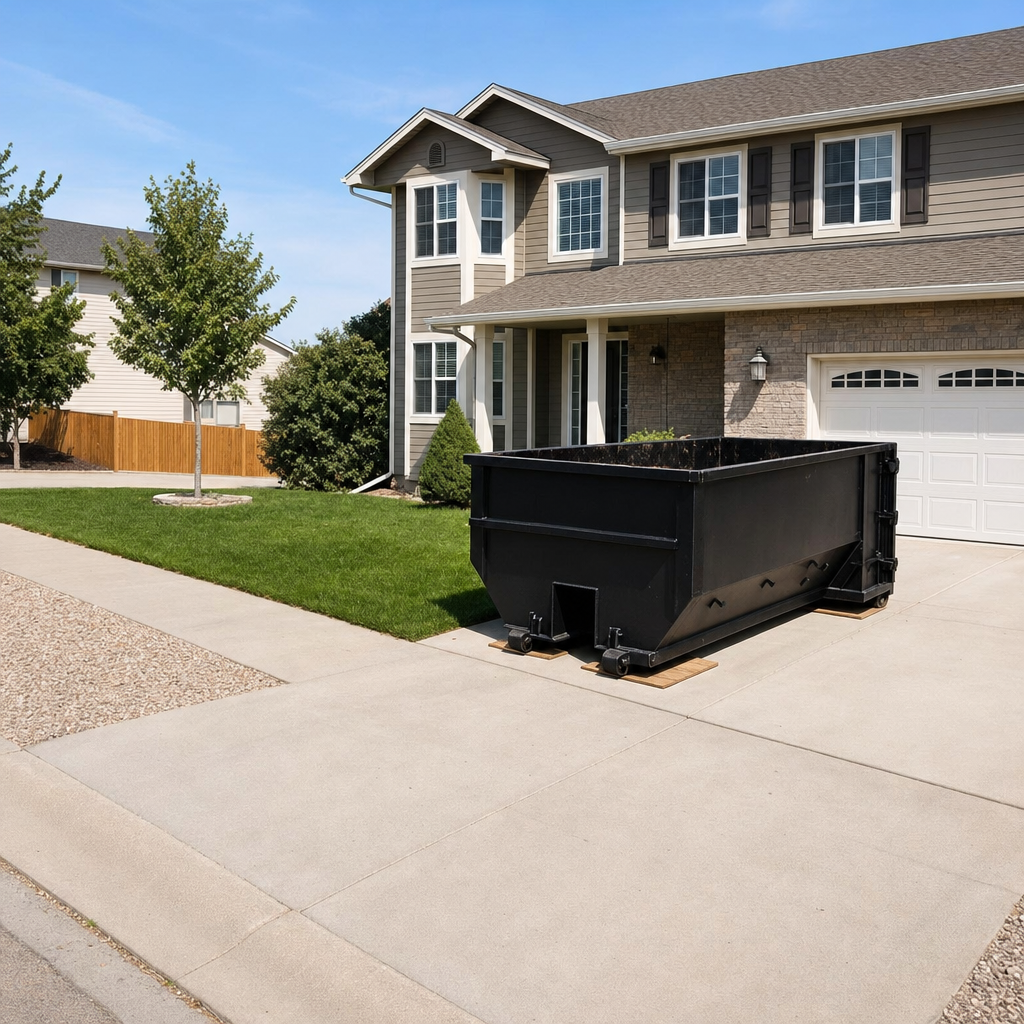 10-yard matte-black residential dumpster placed directly on a narrow Saint George concrete driveway, room remains for a parked sedan beside it, mid-morning natural light