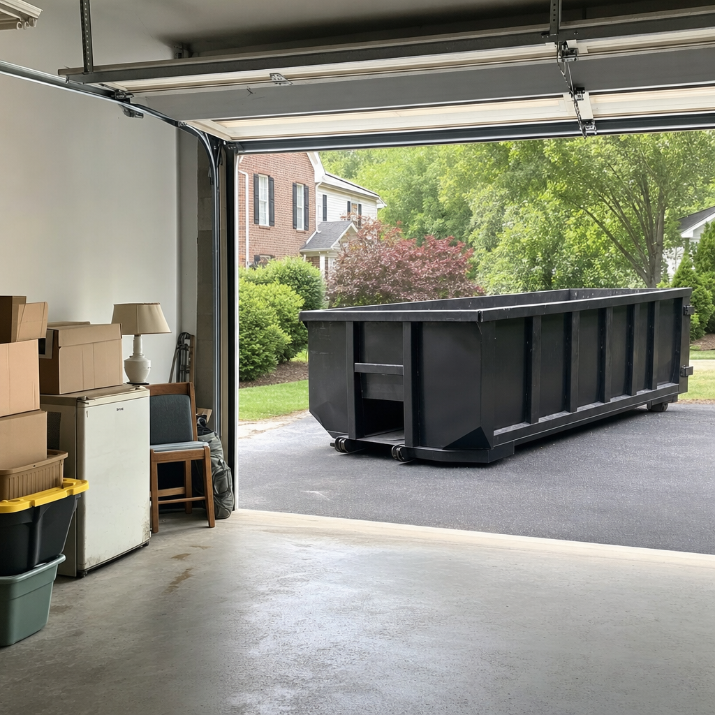 Open garage interior in a Saint George home mid-cleanout — boxed items, an old appliance, and stacked yard tools queued near the driveway for a matte-black roll-off dumpster, organized and calm