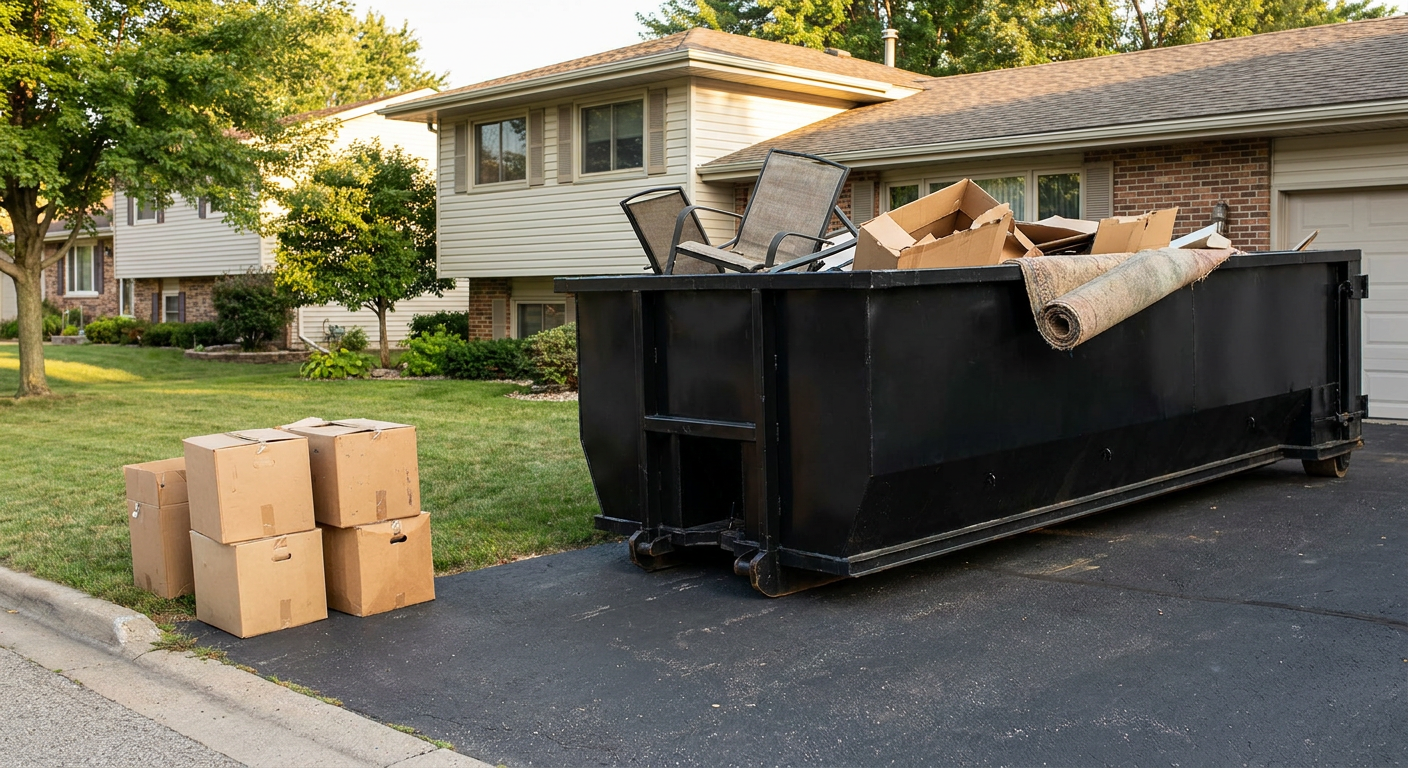 Front-yard view of a Saint George split-level home with a 20-yard matte-black roll-off dumpster sitting directly on the asphalt driveway, a few clearly labeled donation boxes staged at the curb, calm sunny afternoon.