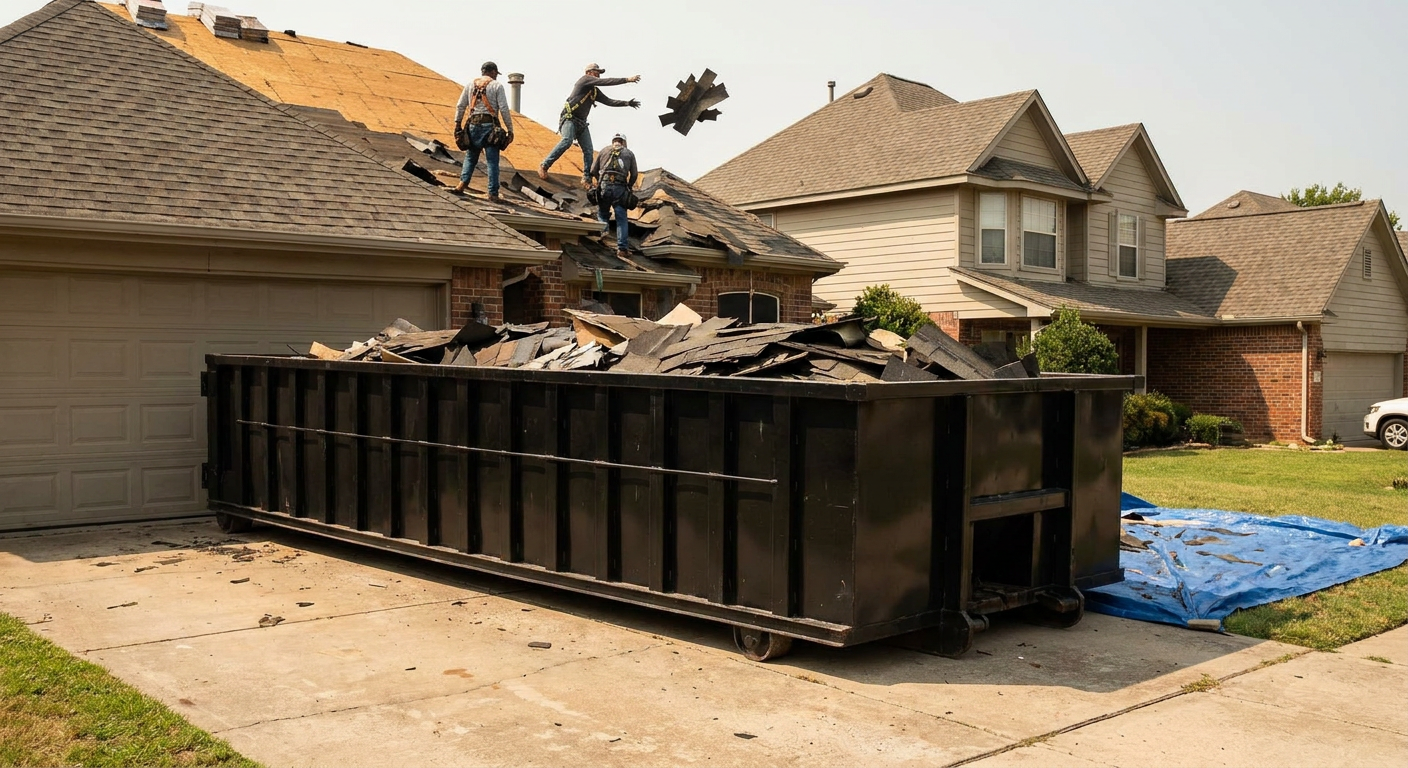Matte-black roofing roll-off dumpster placed directly on a Saint George residential concrete driveway, a tear-off crew on a two-story asphalt-shingle roof tossing shingle bundles into the low-walled container, bright daylight, documentary 35mm perspective.