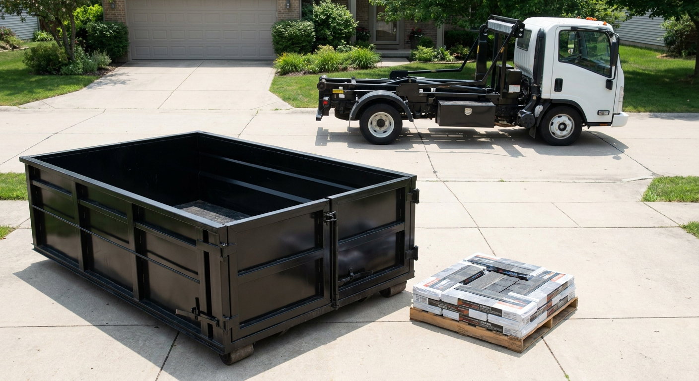 Matte-black 15-yard roofing roll-off dumpster with reinforced low side walls sitting directly on a Saint George residential concrete driveway, three-tab asphalt shingle bundles stacked nearby, an unmarked white hauler truck partially visible at the edge of the frame.