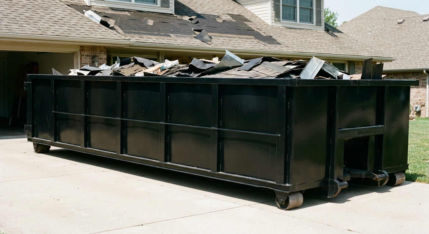 Matte-black 20-yard roofing roll-off dumpster with steel ribbed sides and swinging rear door, sitting directly on the concrete driveway of a two-story Saint George home, asphalt shingle debris being loaded over the low wall, clean documentary lighting.