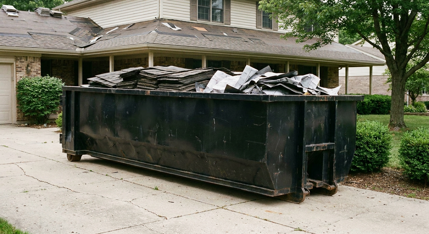 Matte-black 30-yard roofing roll-off dumpster sitting directly on a Saint George concrete driveway, taller ribbed steel side panels, mixed tear-off debris of asphalt shingles and underlayment inside, professional documentary daylight.
