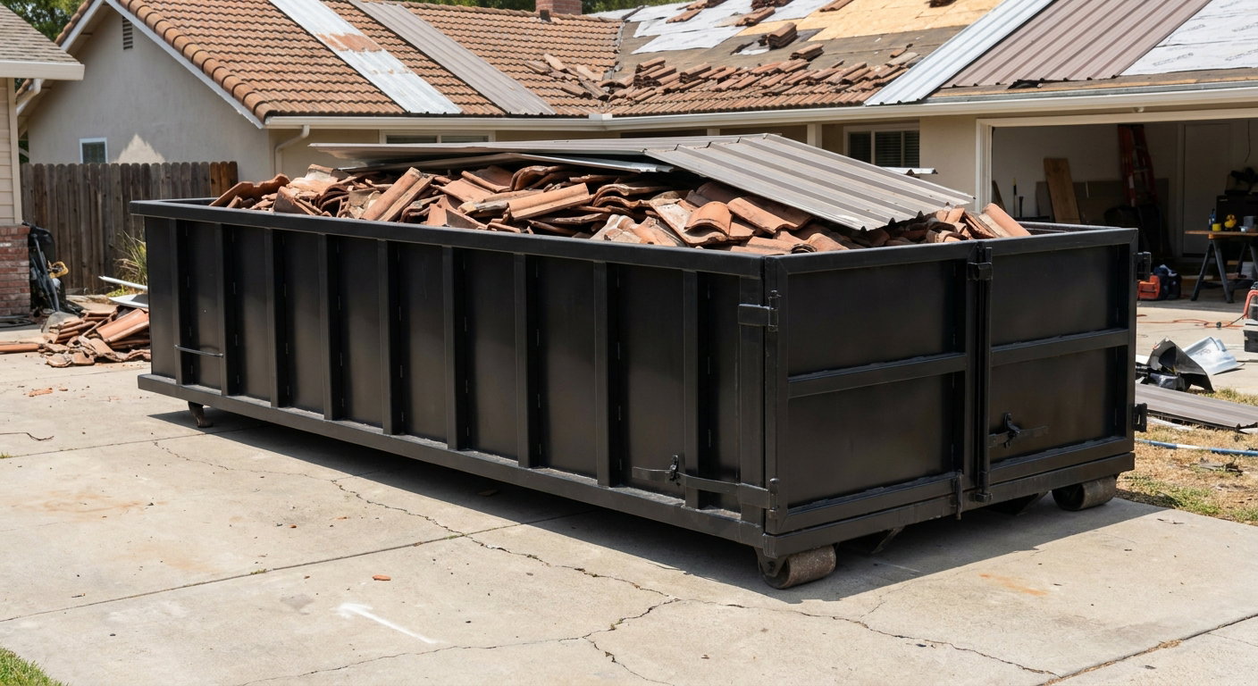 Matte-black low-wall heavy-debris roofing roll-off dumpster sitting directly on a Saint George concrete driveway, broken concrete clay roof tiles and metal panel sections loaded inside, reinforced ribbed steel side walls visible, bright outdoor daylight.