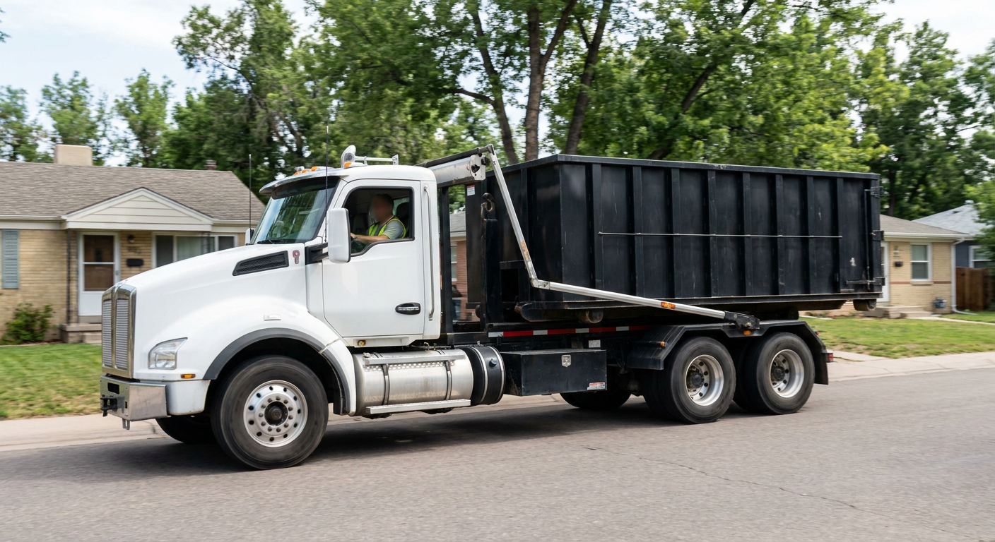 A wide documentary shot of a matte-black roll-off delivery truck pulling onto a quiet Saint George residential street at mid-morning, with neighborhood rooftops and tree-lined blocks visible behind, showing the metro coverage footprint.