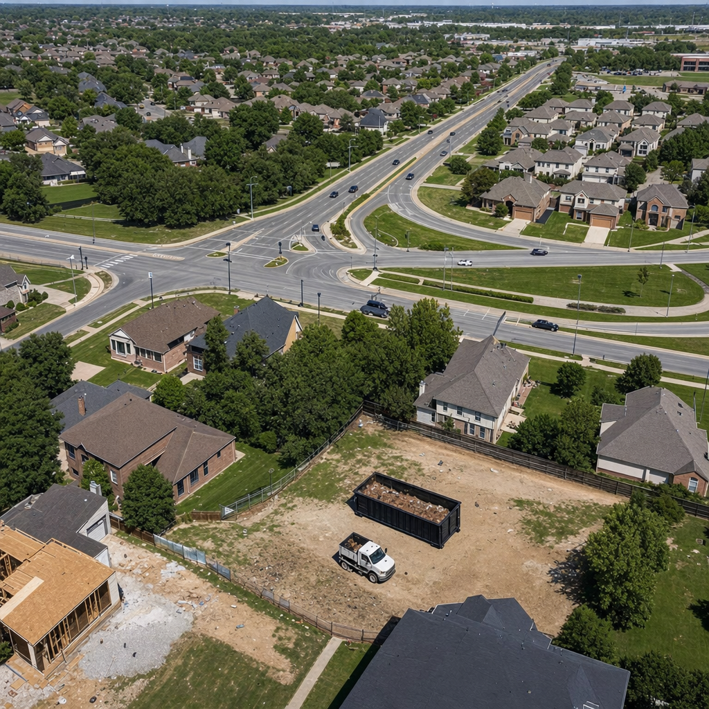 An overhead documentary view of the Saint George metro area at midday, showing the spread of neighborhoods, arterial roads, and the dispatch radius from a central yard — clean daylight, organized geographic layout.