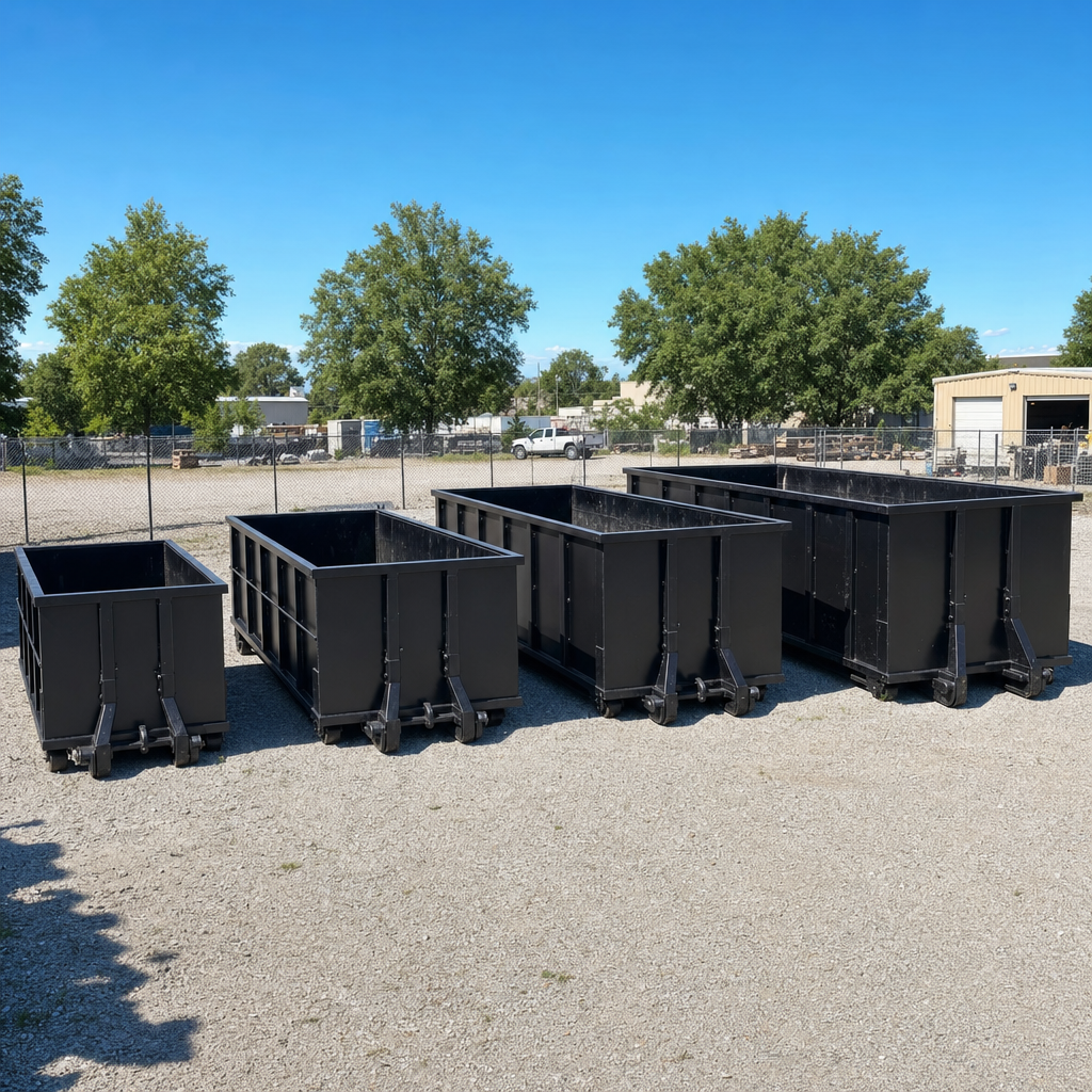 A clean lineup of matte-black roll-off dumpsters in 10, 20, 30, and 40-yard sizes staged on a sunlit gravel yard in Saint George, showing the size progression from compact to commercial-scale containers.
