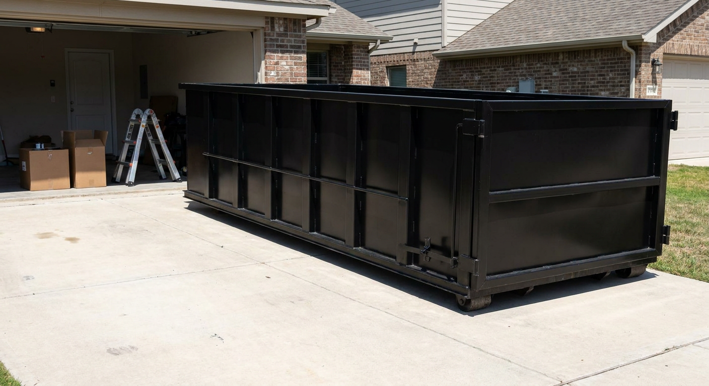 A matte-black 10-yard roll-off dumpster sitting directly on a residential Saint George concrete driveway, mid-day sunlight, clean and ready for a garage cleanout.