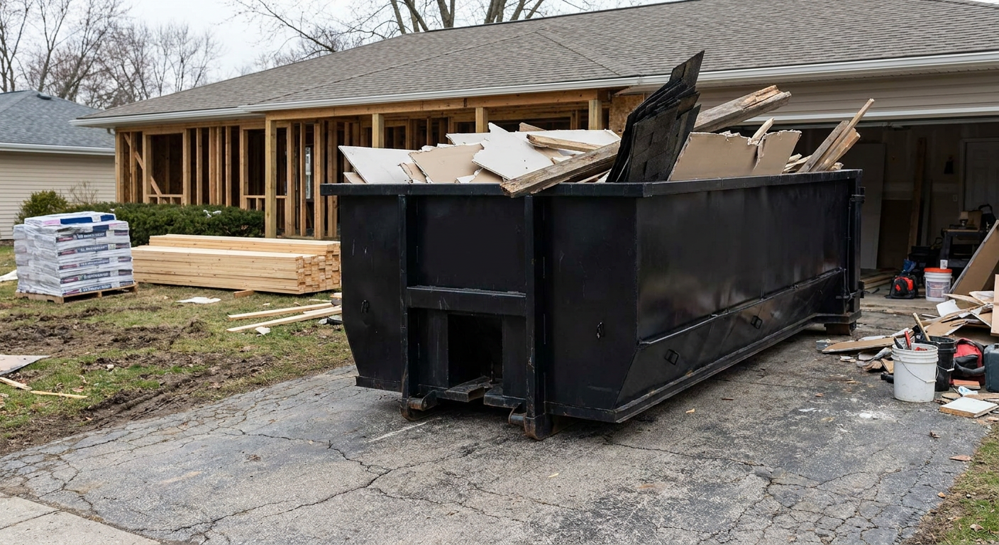 A matte-black 20-yard roll-off dumpster placed alongside a mid-renovation Saint George home directly on the asphalt driveway, with framing materials and torn-off shingles staged neatly nearby.