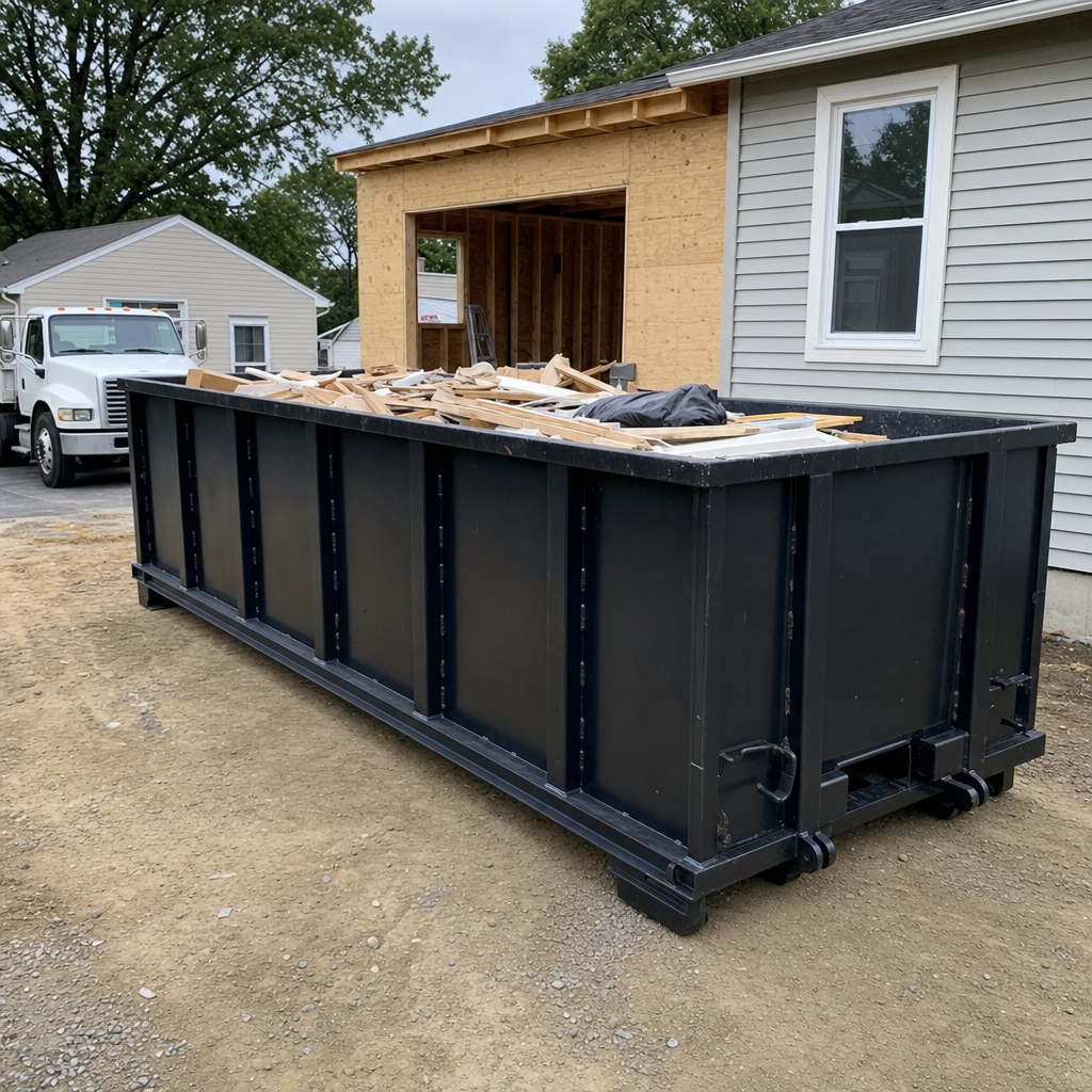 A matte-black 30-yard roll-off dumpster positioned at a Saint George residential addition jobsite, with framing lumber and drywall scraps loaded through the open swinging rear doors.