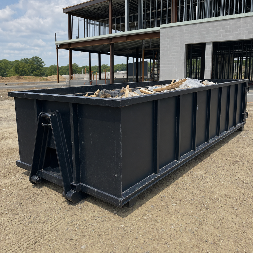 A matte-black 40-yard roll-off dumpster staged on a large Saint George commercial construction lot, with a hooklift delivery truck parked alongside under bright midday sky.