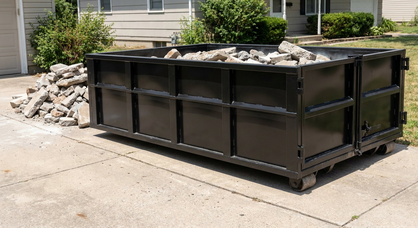 A matte-black low-side heavy-debris roll-off dumpster placed directly on a Saint George concrete driveway, with broken concrete chunks neatly stacked beside it under clean daylight.